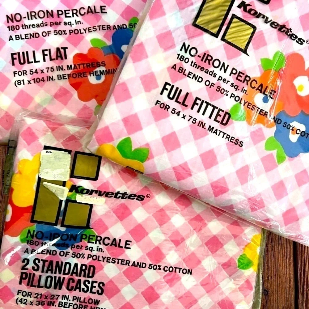 New KORVETTES Vintage Pink Gingham Floral Twin Fitted Flat Pillowcases Sheet Set